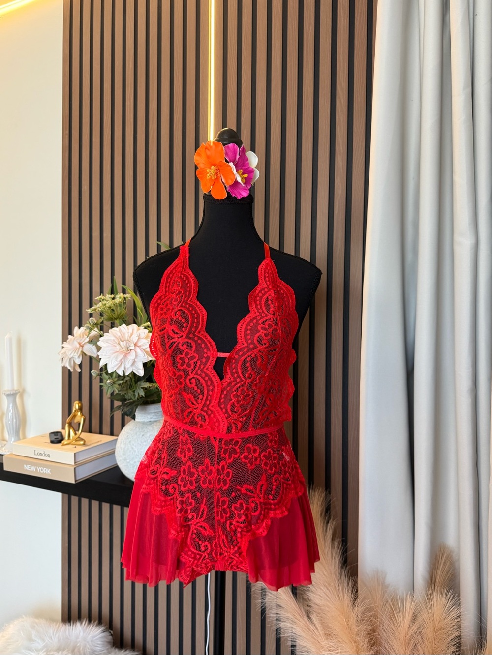 Red Lace Halter Chemise for Women